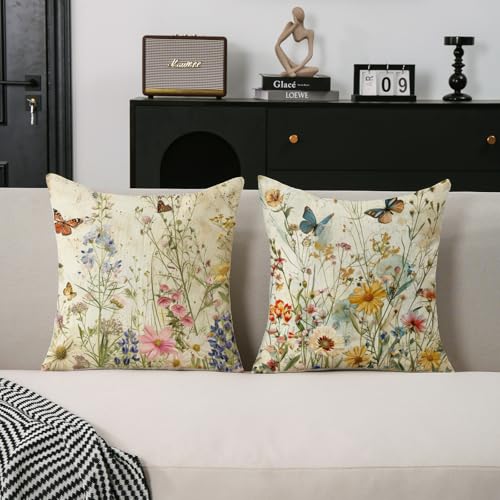 TAJWE Spring Floral Pillow Covers 18x18 Inch Set of 2 Wild Flowers Plant Butterfly Decorative Pillowcases Farmhouse Summer Seasonal Cushion Cases for Sofa Couch Home Decor - Image 3