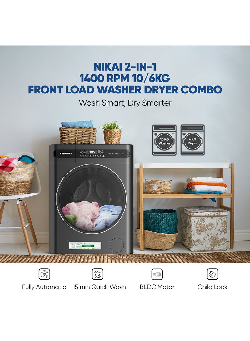 NIKAI 10/6 Premium Combo Washer Dryer With 18 Programs Digital Panel Fully Automatic 10KG Washing Machine With 6KG 100% Dryer Child Safety Lock Best For Kitchen & Home 10 kg 2000 W NWM1106FDS Blue - Image 4