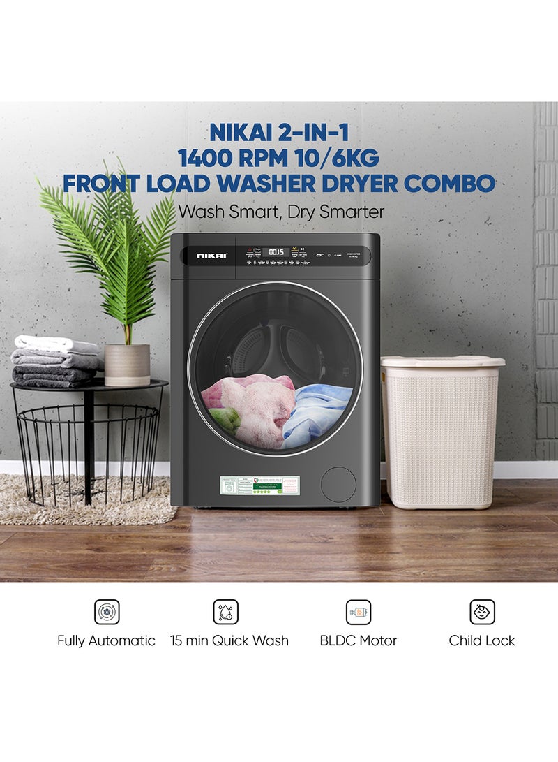 NIKAI 10/6 Premium Combo Washer Dryer With 18 Programs Digital Panel Fully Automatic 10KG Washing Machine With 6KG 100% Dryer Child Safety Lock Best For Kitchen & Home 10 kg 2000 W NWM1106FDS Blue - Image 2