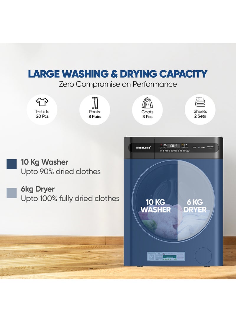 NIKAI 10/6 Premium Combo Washer Dryer With 18 Programs Digital Panel Fully Automatic 10KG Washing Machine With 6KG 100% Dryer Child Safety Lock Best For Kitchen & Home 10 kg 2000 W NWM1106FDS Blue - Image 5