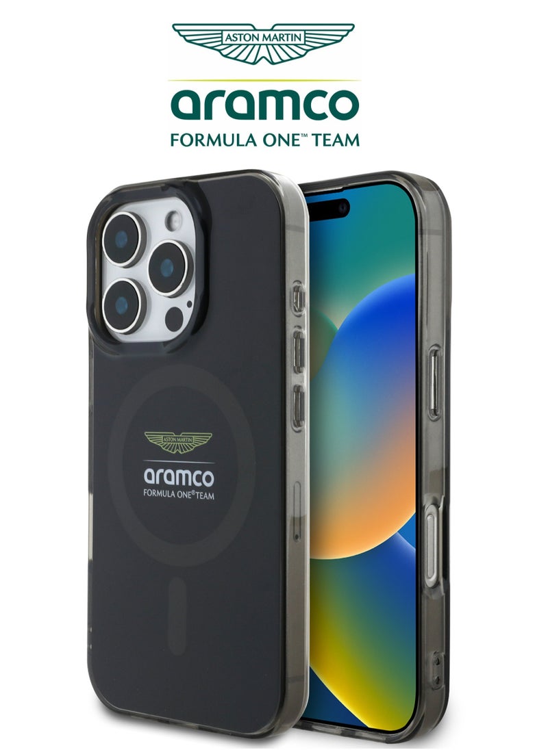 CG MOBILE iPhone 16 Pro case with strong back protection for the mobile phone. iPhone 16 Pro mobile phone case made of strong and luxurious PC/TPU. iPhone 16 Pro cover with a luxurious French design. Original cover iphone 16 pro certified by the global brand Aston Martin (Aramco). Mobile iphone cover supports wireless charging MagSafe. Black  - Image 1