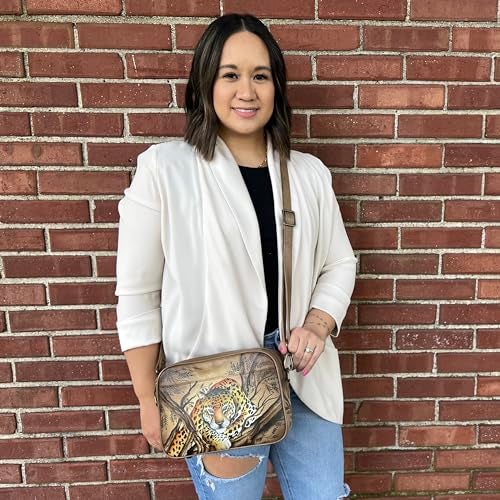 Anna by Anuschka Women's Hand-Painted Genuine Leather Twin Zippered Crossbody - African Leopard Tan - Image 3