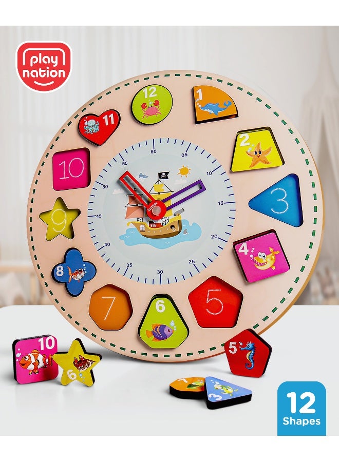 PlayNation Play Nation Wooden Educational Clock, Early Learning, Spatial Recognition Rotating Hands, 3 Years+, 15 x 15cm, Multicolor - 13 Pieces - Image 1