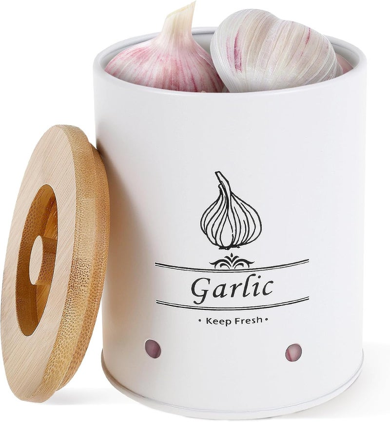 windforgecraft Garlic Keeper Potato Onion Garlic Storage Canister Garlic Container for Counter Easy to Clean Garlic Holder Vegetable Fresh Keeper Caddy Farmhouse Garlic Holder Storage Container (White) - Image 1