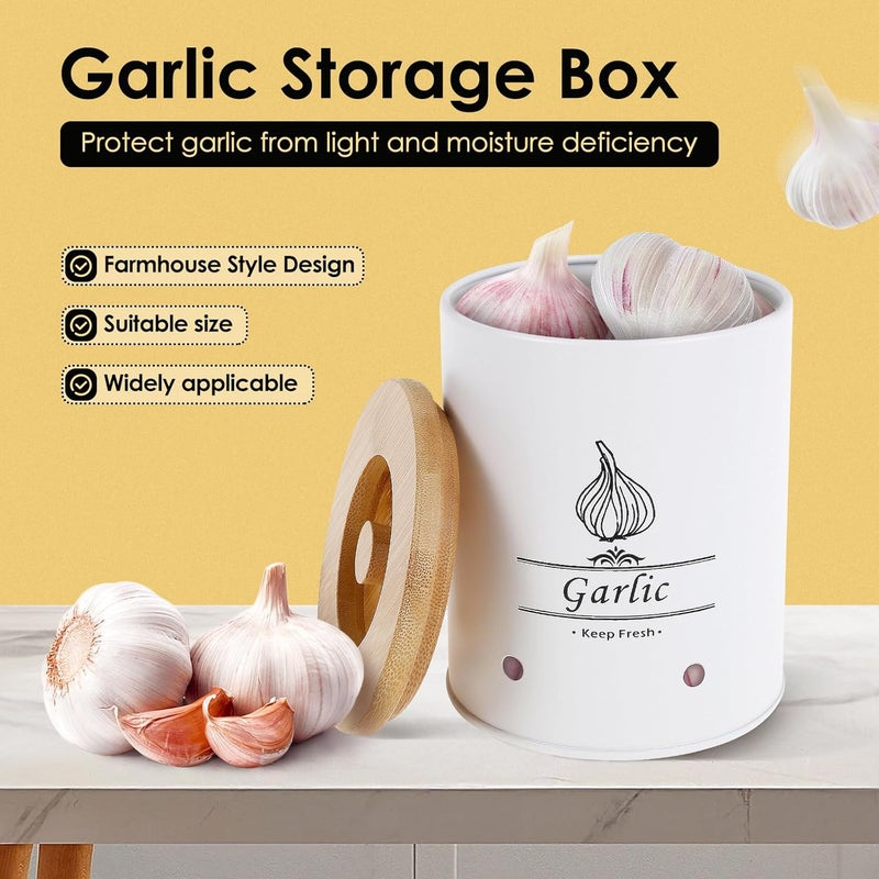 windforgecraft Garlic Keeper Potato Onion Garlic Storage Canister Garlic Container for Counter Easy to Clean Garlic Holder Vegetable Fresh Keeper Caddy Farmhouse Garlic Holder Storage Container (White) - Image 2