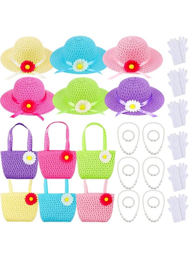 Zhanmai 6 Sets Girls Tea Party Dress Play Set Includes 6 Daisy Tea Party Hats 6 Straw Purse 6 Pairs Gloves 6 Pearl Necklace Bracelet Set For Girls Princess Tea Party Birthday Party Supplies - Image 1