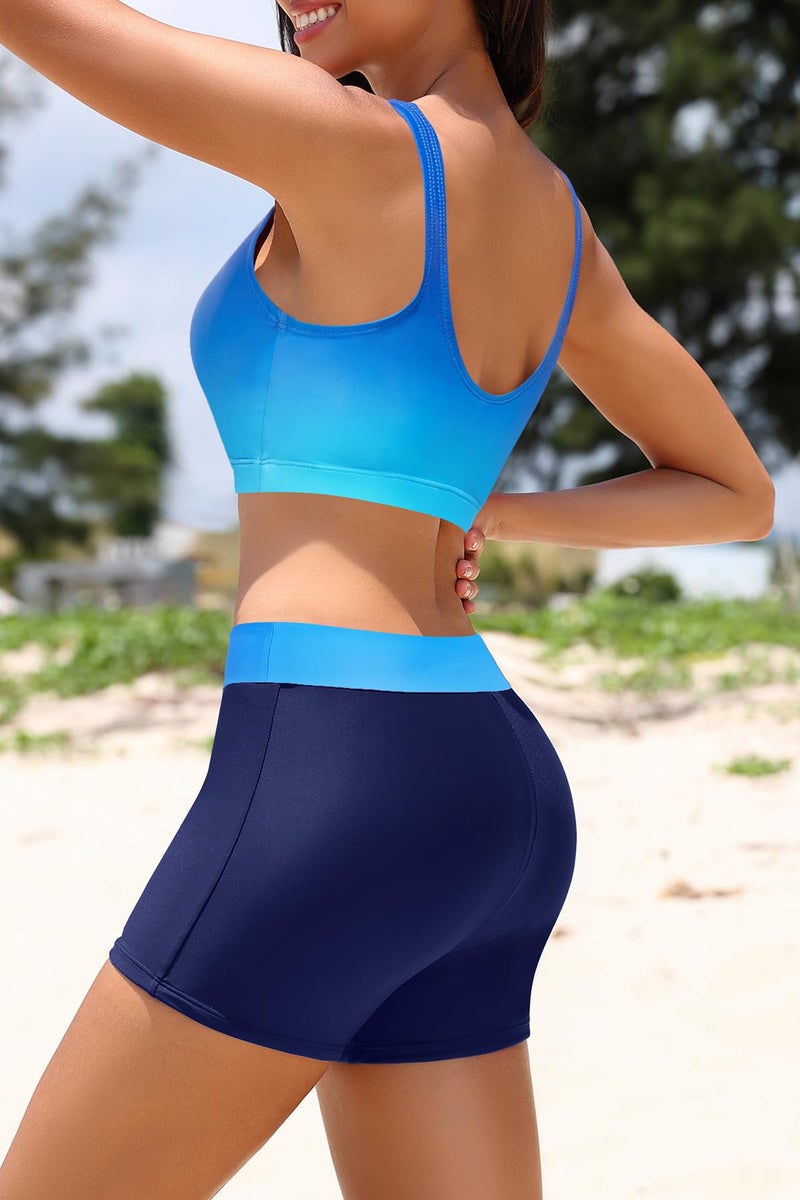 Holipick Blue Gradient Long Sleeve Swimsuits for Women - 3 Piece Rash Guard with Shorts Zipper SPF Swim Shirt with Built in Bra L - Image 3