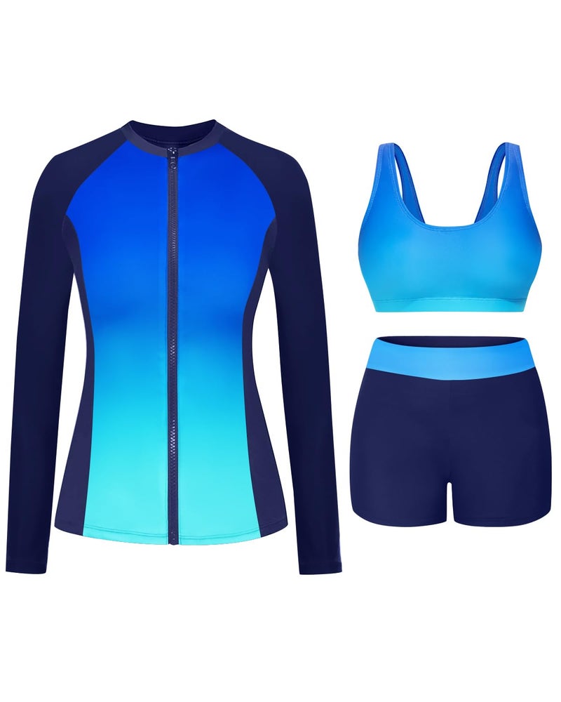 Holipick Blue Gradient Long Sleeve Swimsuits for Women - 3 Piece Rash Guard with Shorts Zipper SPF Swim Shirt with Built in Bra L - Image 1