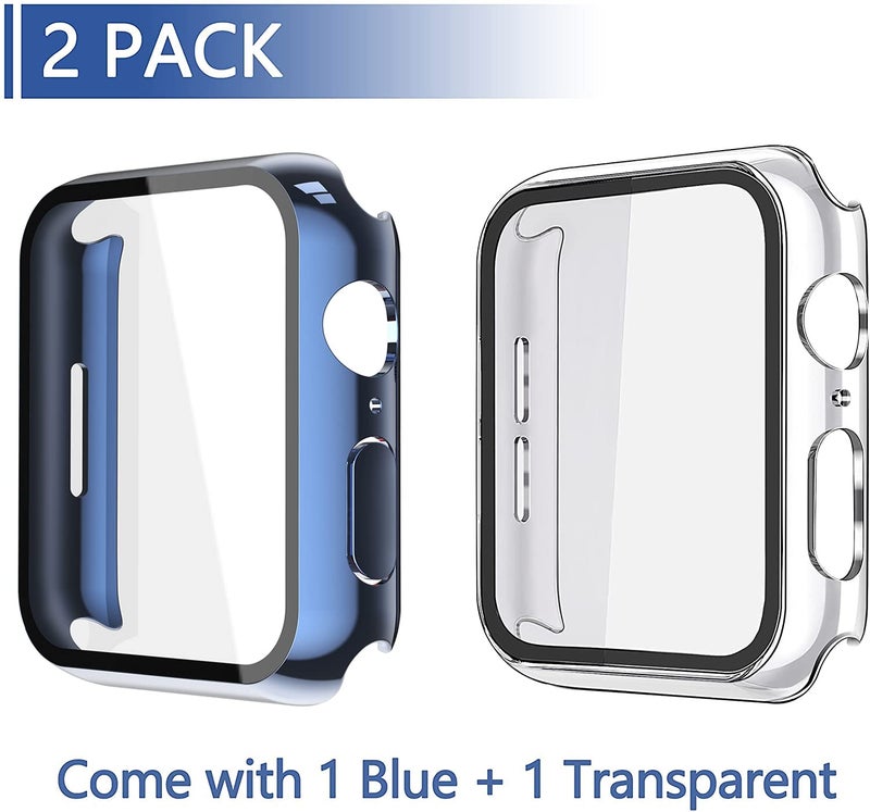 Misxi 2 Pack Hard PC Case with Tempered Glass Screen Protector Compatible with Apple Watch Series 9 (2023) Series 8 Series 7 45mm, Ultra-Thin Cover for iWatch S9/S8/S7, 1 Blue + 1 Transparent - Image 2