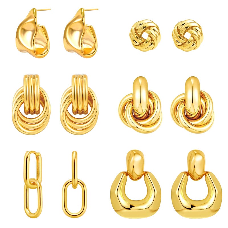 QJLE 6 Pairs Gold Dangle Earrings for Women, 14K Gold Plated Earrings Geometric Knot Drop Huggie Earrings Trendy Jewelry Gifts - Image 1