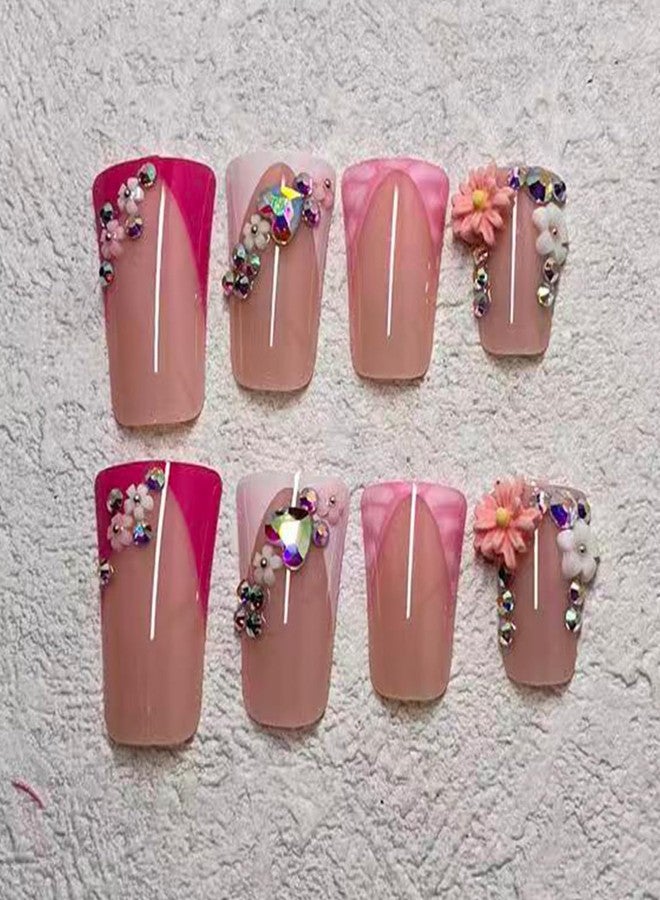 Jremg Pink French Tip Press on Nails Duck Shaped Fake Nails with Rhinestones Designs Cute 3D Daisy Floral Charms False Nails Reusable Glossy Zebra Stripe French Glue on Nails for Women 24Pcs - Image 3