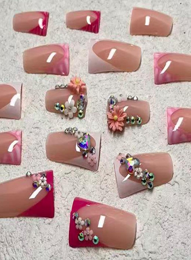 Jremg Pink French Tip Press on Nails Duck Shaped Fake Nails with Rhinestones Designs Cute 3D Daisy Floral Charms False Nails Reusable Glossy Zebra Stripe French Glue on Nails for Women 24Pcs - Image 4