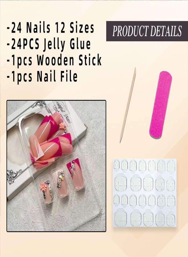 Jremg Pink French Tip Press on Nails Duck Shaped Fake Nails with Rhinestones Designs Cute 3D Daisy Floral Charms False Nails Reusable Glossy Zebra Stripe French Glue on Nails for Women 24Pcs - Image 5