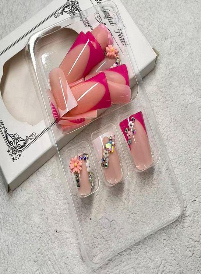 Jremg Pink French Tip Press on Nails Duck Shaped Fake Nails with Rhinestones Designs Cute 3D Daisy Floral Charms False Nails Reusable Glossy Zebra Stripe French Glue on Nails for Women 24Pcs - Image 2