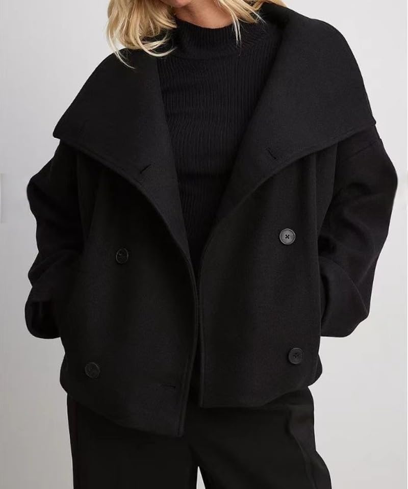utcoco Women's Cropped Peacoat Double Breasted Lapel Short Wool Blend Winter Jacket Overcoat (Medium, Black) - Image 2