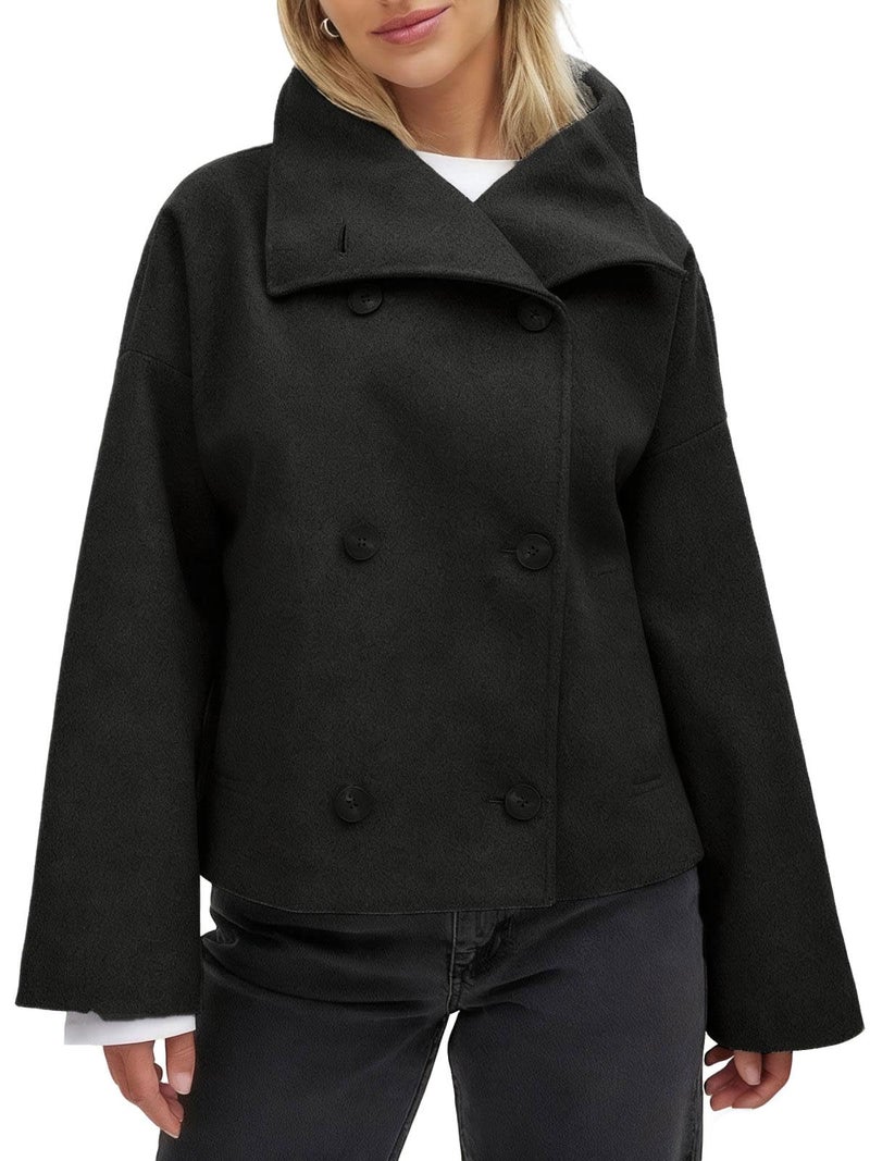 utcoco Women's Cropped Peacoat Double Breasted Lapel Short Wool Blend Winter Jacket Overcoat (Medium, Black) - Image 1