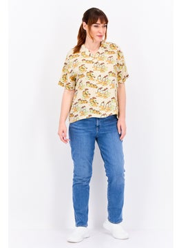 nickelodeon Women Notched Collar Short Sleeve Allover Print Blouse, Beige Combo  - Image 4