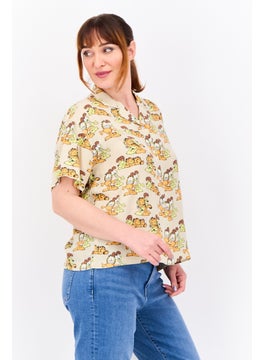 nickelodeon Women Notched Collar Short Sleeve Allover Print Blouse, Beige Combo  - Image 3