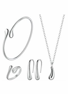 Jewelry Set for Women, 925 Silver Chain Necklace Bracelet Earrings Ring, Sterling Silver Hi-shiny Tear Drop Design Pendant Jewelry