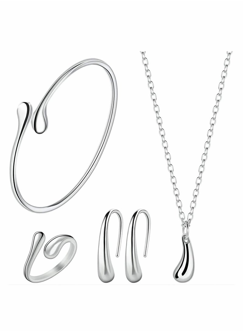 Excefore - Jewelry Set for Women, 925 Silver Chain Necklace Bracelet Earrings Ring, Sterling Silver Hi-shiny Tear Drop Design Pendant Jewelry - Image 1