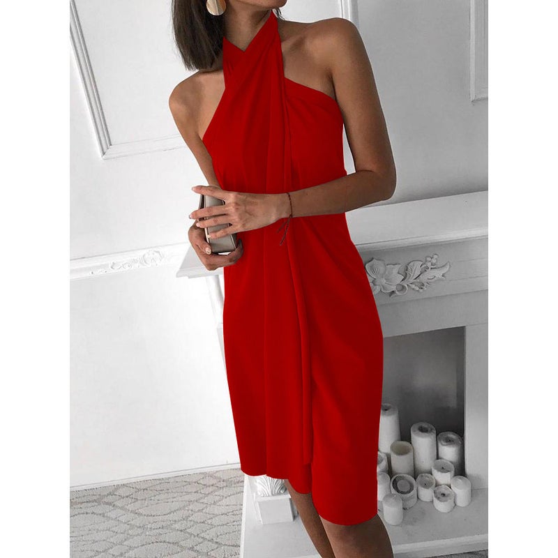 Women's Halter Neck V-Neck Irregular Dress Summer Street Style - Image 3