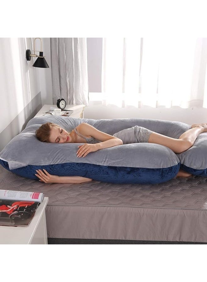 Pregnancy Pillow U-Shaped Full Body Maternity Support Pillow for Pregnant Women with Replaceable and Washable Velvet Cover Size 60" (Gray & Blue, Velvet) - Image 4