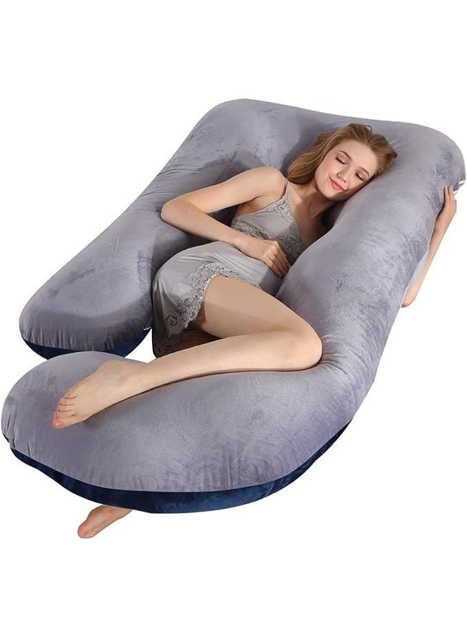 Pregnancy Pillow U-Shaped Full Body Maternity Support Pillow for Pregnant Women with Replaceable and Washable Velvet Cover Size 60" (Gray & Blue, Velvet) - Image 1