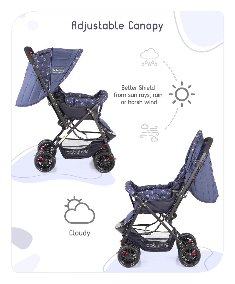 Babyhug Cocoon Stroller With Mosquito Net, Reversible Handle, 3 Reclining Positions, 5-point Harness, 0 to 3 Years, 65 x 53 x 98 cm - Blue - Image 4