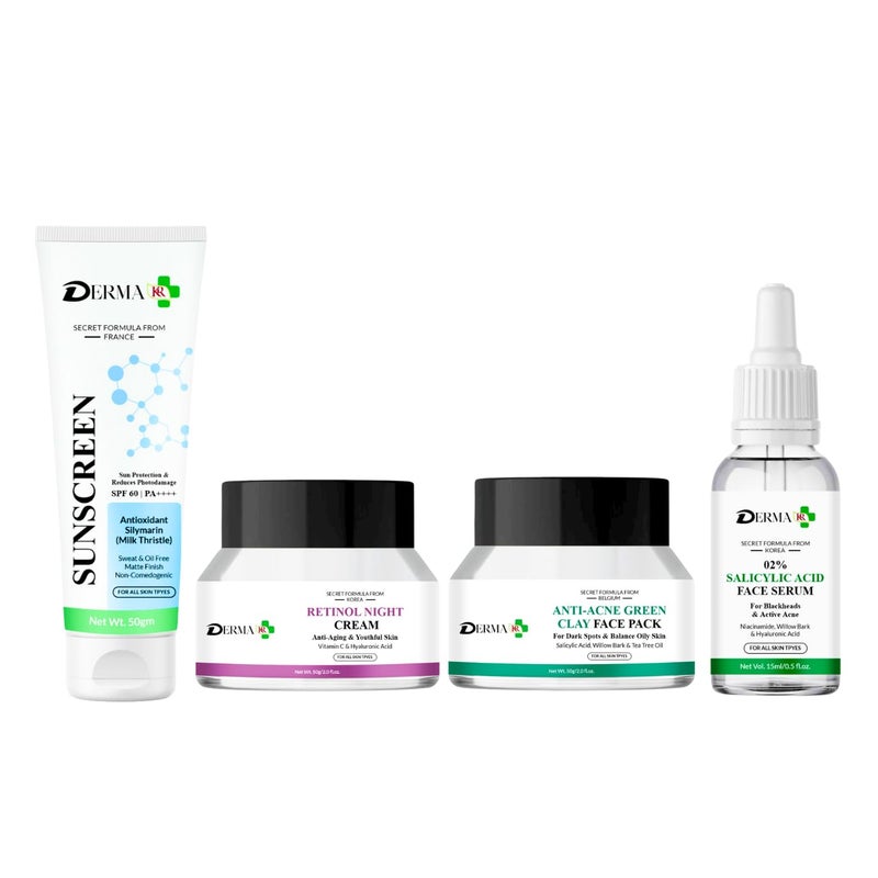 DERMAKR DERMA KR Sunscreen SPF 6050gm Retinol Night Cream Face Cream50gm Anti ance clay Pack 2 Scilicylic Face serum15Ml Facial Kit Pack of 4 - Image 1