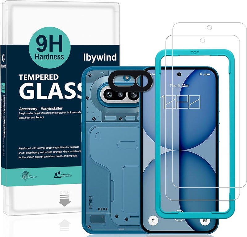 ايبيويند واقي شاشة لهاتف Nothing Phone (4a) 5G، عبوة من قطعتين، زجاج مقسى بصلابة 9H مع واقي عدسة الكاميرا، أداة تركيب سهلة، خالٍ من الفقاعات، فتح بصمة الإصبع، مقاوم للكسر، مقاوم للخدش - Image 1