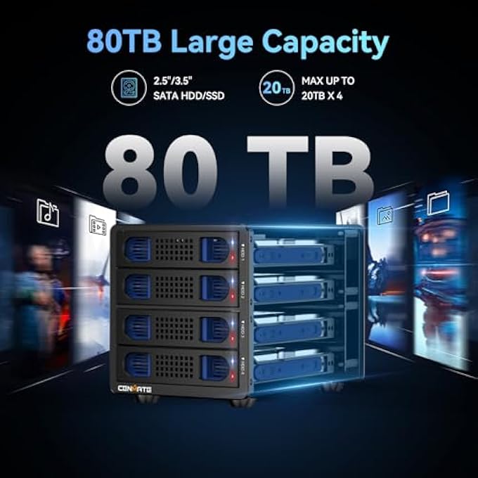 rayihni 4 BAY HARD DRIVE ENCLOSURE WITH FAN FOR 2.5/3.5" SATA HDD/SSD WITH USB A/C 3.0 + ESATA CABLE, HDD ENCLOSURE SUPPORTS 80TB CAPACITY (NO RAID/NAS) - Image 2