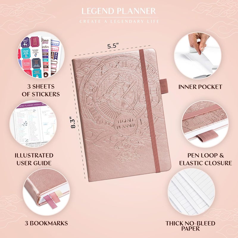 Legend Planner – مخطط أسبوعي وشهري فاخر لتحقيق أهدافك والعيش بسعادة أكبر. دفتر تنظيم ومفكرة إنتاجية. غلاف مقوى A5، غير مؤرخ – ابدأ في أي وقت + ملصقات – ذهبي وردي ذهبي - Image 2