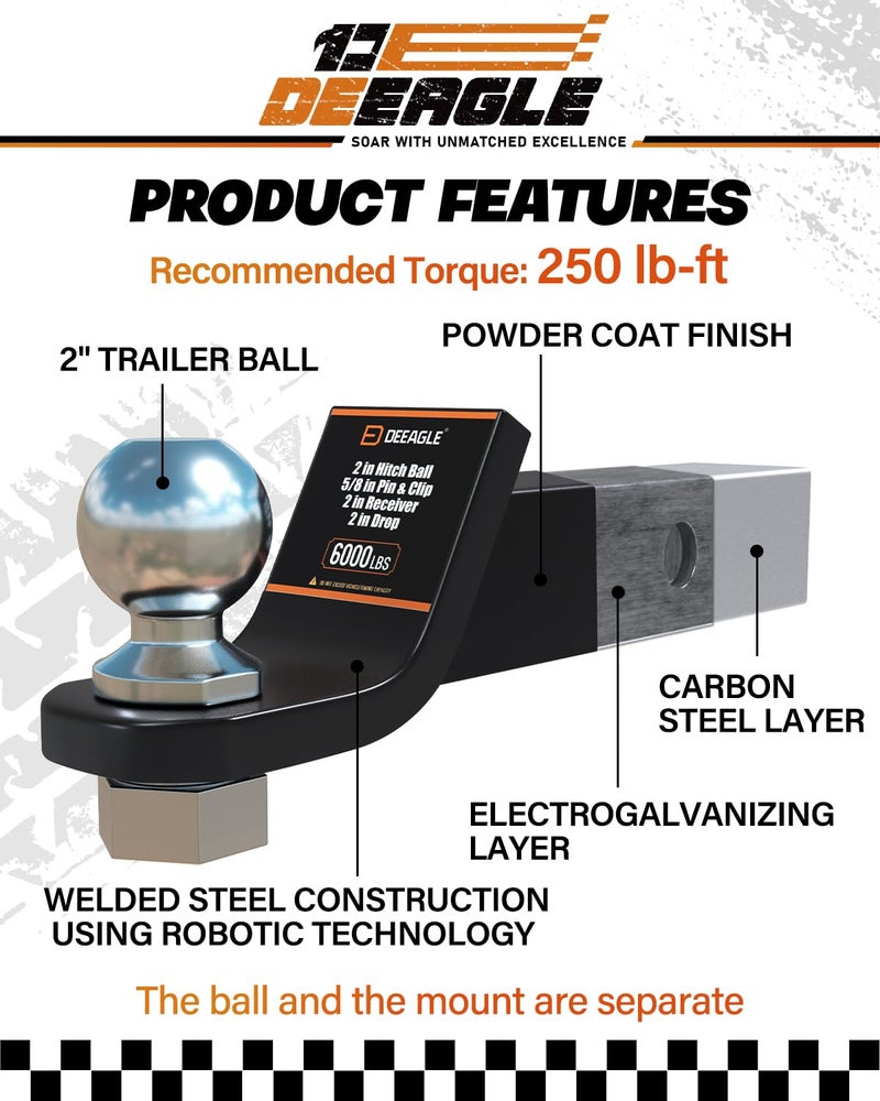 DEEAGLE 2 inch Ball Hitch with Pin, Heavy Duty Steel Receiver Hitches, Trailer Ball Hitch Fits 2 inch Receiver, 6000lbs, 2 in Drop - Image 4