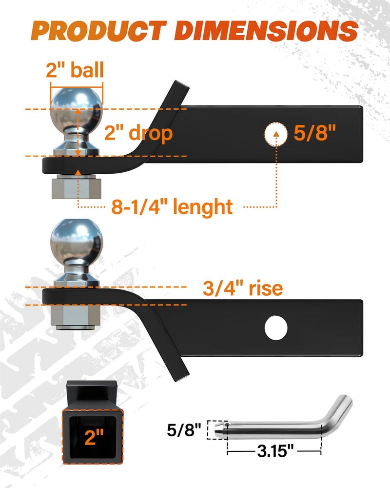 DEEAGLE 2 inch Ball Hitch with Pin, Heavy Duty Steel Receiver Hitches, Trailer Ball Hitch Fits 2 inch Receiver, 6000lbs, 2 in Drop - Image 2