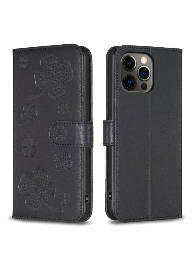 زبون جراب لهاتف iPhone 12 Pro Max مصنوع من الجلد المنقوش بأربع أوراق - Image 1