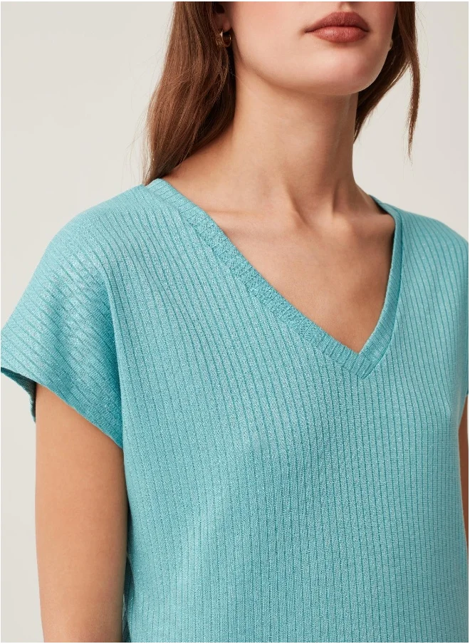 او في اس Ovs Flat Ribbed T-Shirt With Lurex