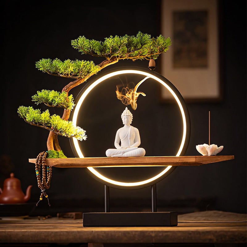 TXYXT Shakyamuni Buddha Ceramic Statue Indoor Backflow Incense Burner with Led Ring Lightï¼ŒMeditation Decoration for Home and Office, Suitable for Cone and Stick Incense - Image 3