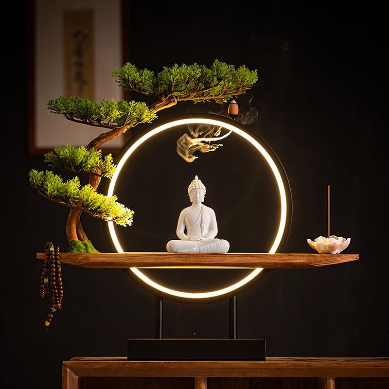 TXYXT Shakyamuni Buddha Ceramic Statue Indoor Backflow Incense Burner with Led Ring Lightï¼ŒMeditation Decoration for Home and Office, Suitable for Cone and Stick Incense - Image 1