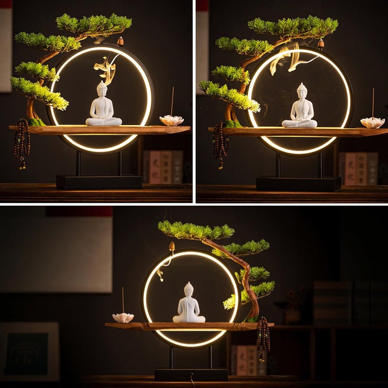 TXYXT Shakyamuni Buddha Ceramic Statue Indoor Backflow Incense Burner with Led Ring Lightï¼ŒMeditation Decoration for Home and Office, Suitable for Cone and Stick Incense - Image 4