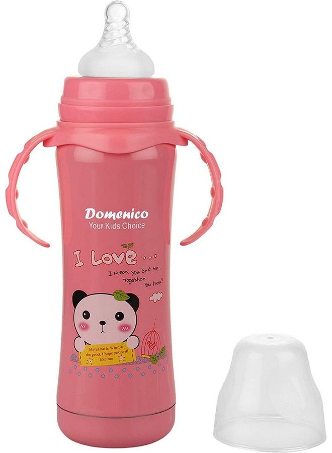 DOMENICO زجاجة رضاعة معزولة حراريًا من الفولاذ المقاوم للصدأ للأطفال حديثي الولادة؛ للأطفال الصغار؛ خالية من مادة BPA؛ تصميم أنيق مع مقابض؛ 180 مل (طباعة عشوائية باللون الوردي) - Image 3