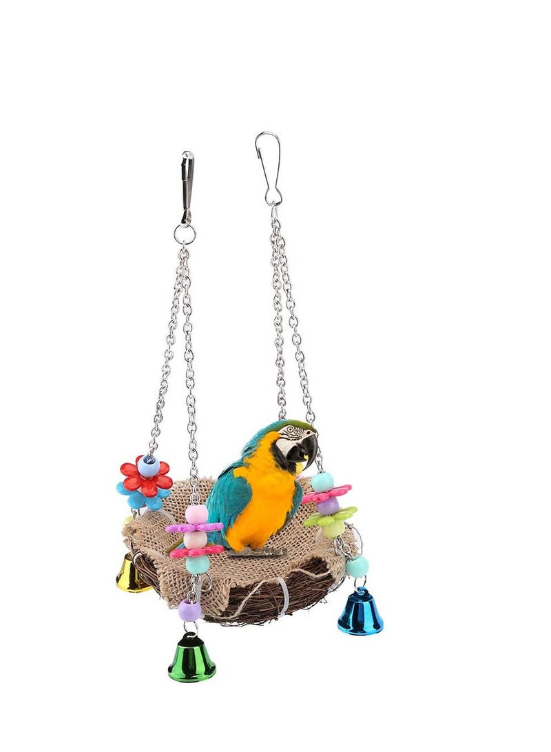 Excefore أرجوحة طيور عش الطيور المعلقة مع أجراس من الخيزران الطبيعي عش دافئ شتوي قفص طيور هامر لطيور الكوكاتو والماكاو والرمادي والبودجي والباراكيت والكوكتيل وطائر الحب والكناري - Image 1