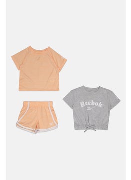 Reebok Toddlers Girl 3 Pieces Brand Logo Top And Bottom Set, Peach/Grey  - Image 1