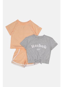 Reebok Toddlers Girl 3 Pieces Brand Logo Top And Bottom Set, Peach/Grey  - Image 3