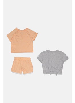 Reebok Toddlers Girl 3 Pieces Brand Logo Top And Bottom Set, Peach/Grey  - Image 2