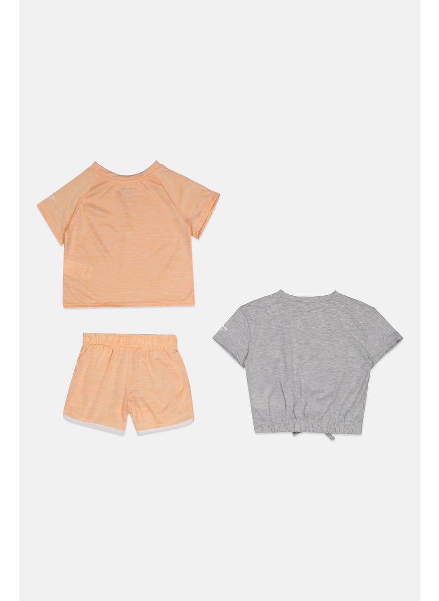 Reebok Toddlers Girl 3 Pieces Brand Logo Top And Bottom Set, Peach/Grey  - Image 2