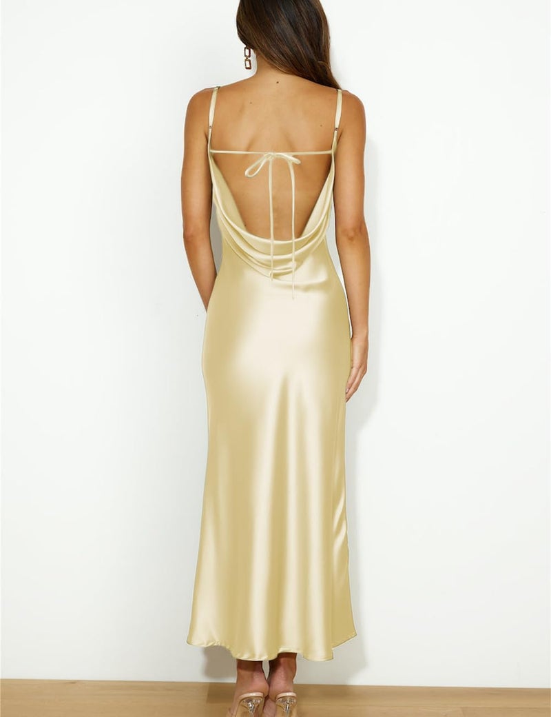 Mogidol Summer Satin Spaghetti Strap Cowl Neck Backless Midi Dresses for Women Elegant Tie Low Back Ruched Cocktail Dress Yellow - Image 2