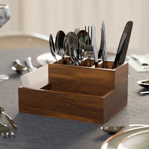 ETIQUETTE ART Wood Mango Utensil Cutlery Holder | Knives & Forks Or Condiments | Pub, Hotels Or Home Dinning Table | Kitchen Storage Caddy Organiser (Design 2), Brown - Image 2