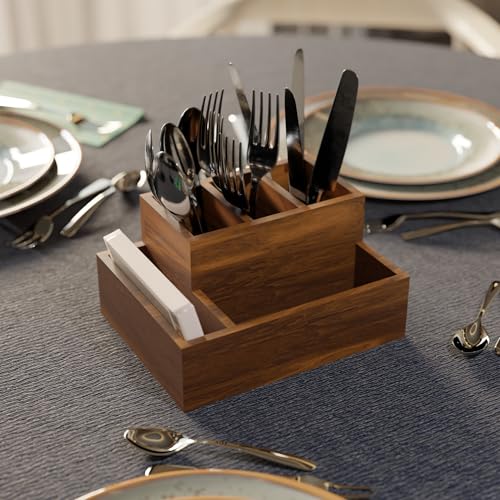 ETIQUETTE ART Wood Mango Utensil Cutlery Holder | Knives & Forks Or Condiments | Pub, Hotels Or Home Dinning Table | Kitchen Storage Caddy Organiser (Design 2), Brown - Image 1