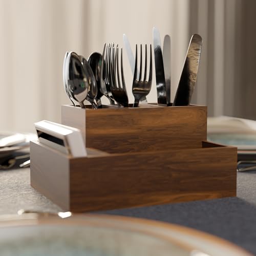 ETIQUETTE ART Wood Mango Utensil Cutlery Holder | Knives & Forks Or Condiments | Pub, Hotels Or Home Dinning Table | Kitchen Storage Caddy Organiser (Design 2), Brown - Image 3