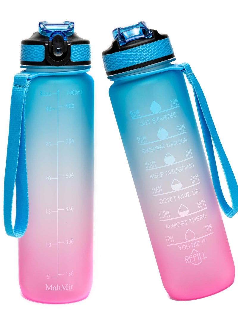 MahMir Water Bottle 1L with Time Marker Straw Strainer Tritan BPA Free for Fitness Gym Outdoor Sports By MahMir (Blue)  - Image 1